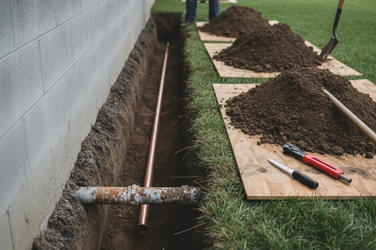 Excavated water line trench during Water Softener Installation in Piper City